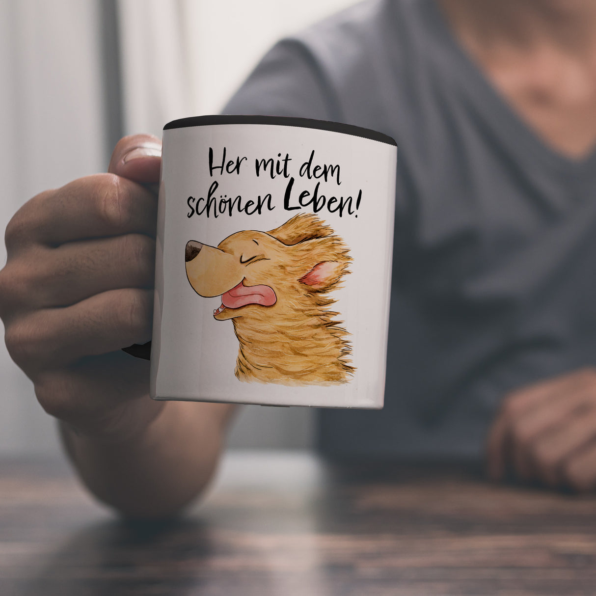 Hund Kaffeebecher mit Spruch Her mit dem schönen Leben