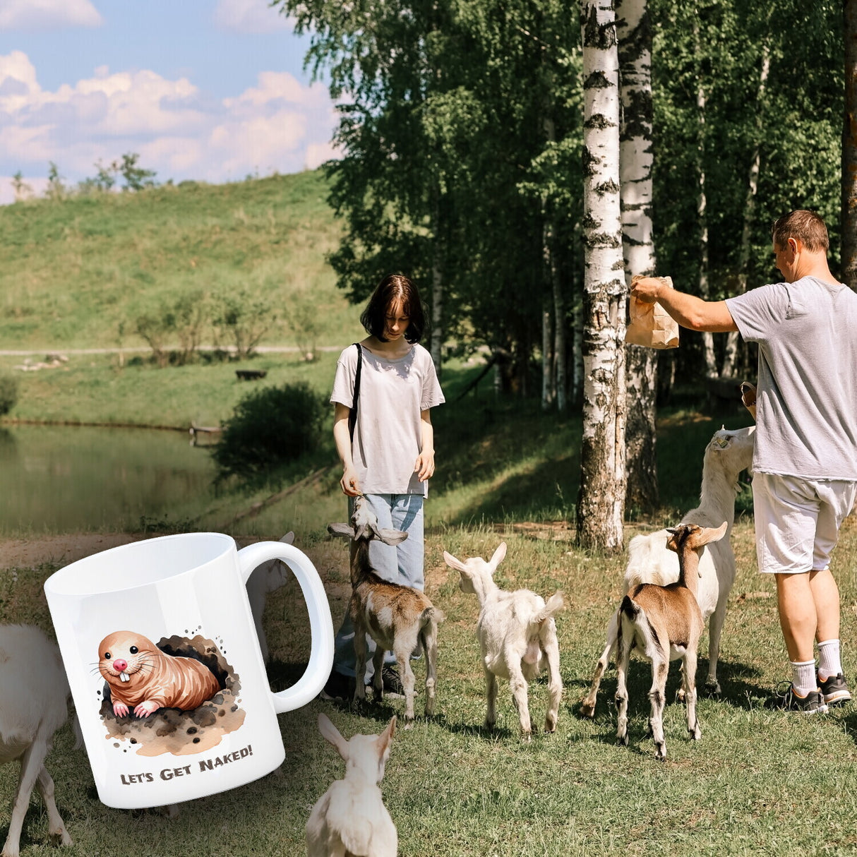 Nacktmull Kaffeebecher mit Spruch Lets Get Naked