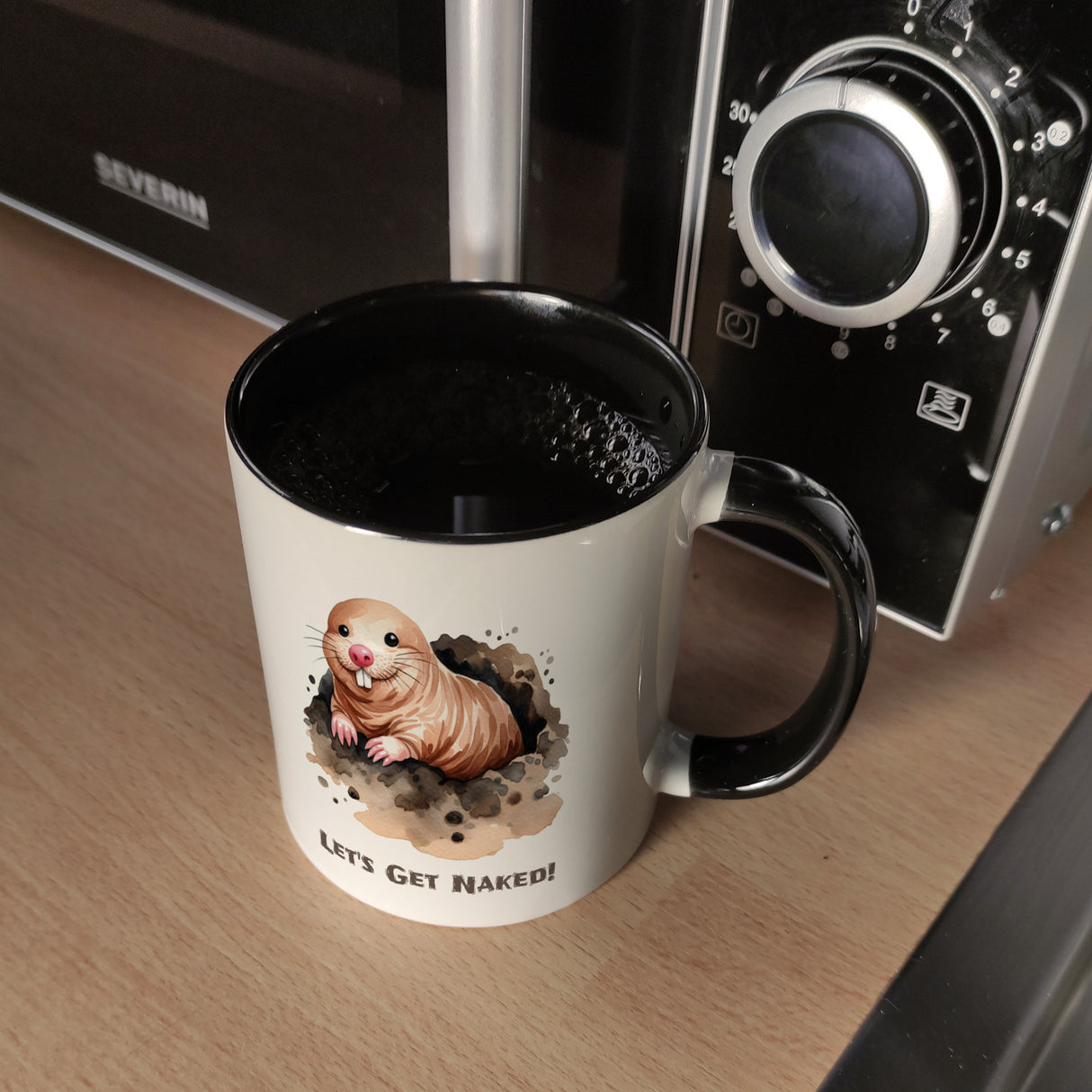 Nacktmull Kaffeebecher mit Spruch Lets Get Naked