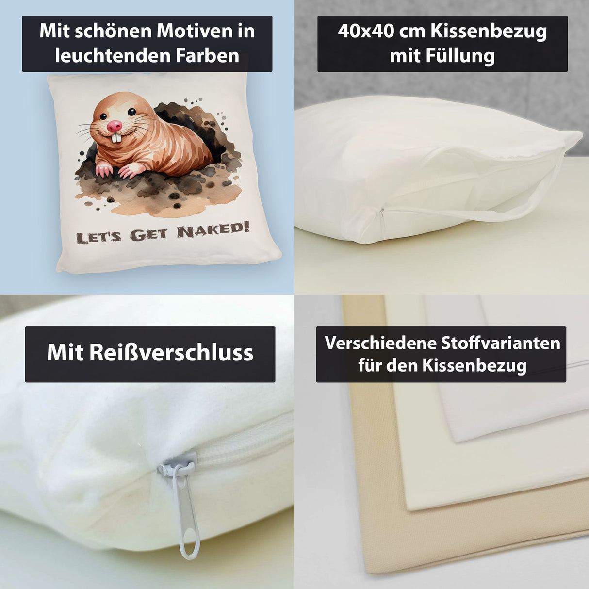 Nacktmull Kissen mit Spruch Lets Get Naked