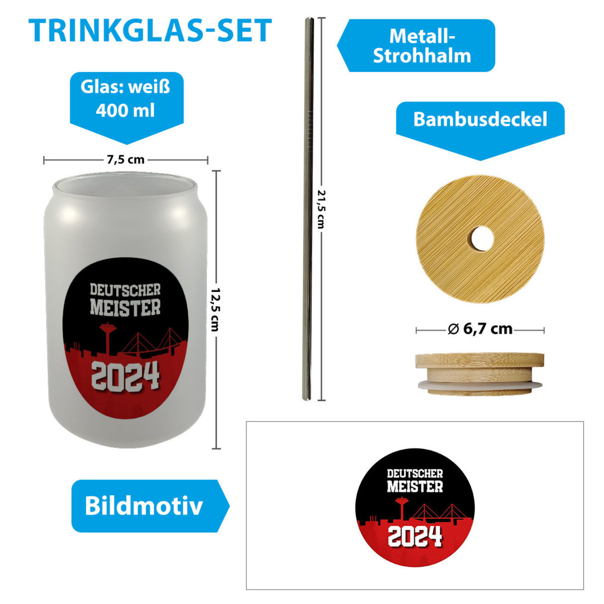 Leverkusen Trinkglas mit Bambusdeckel mit Spruch Deutscher Meister 2024