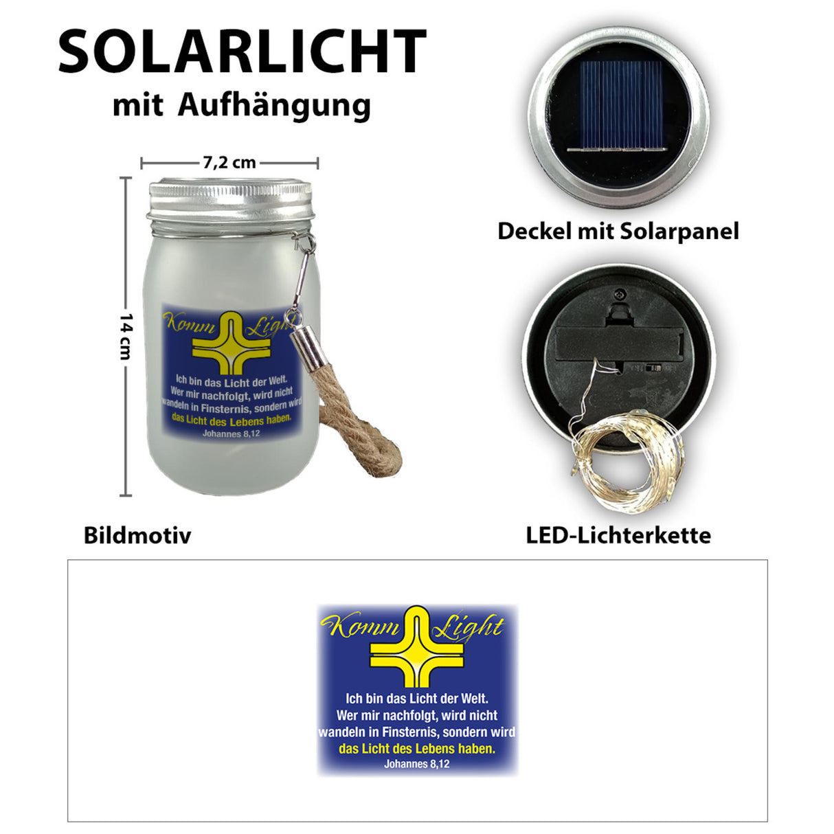 Kommunionslicht Solarlicht mit Bibelvers Johannes 8,12
