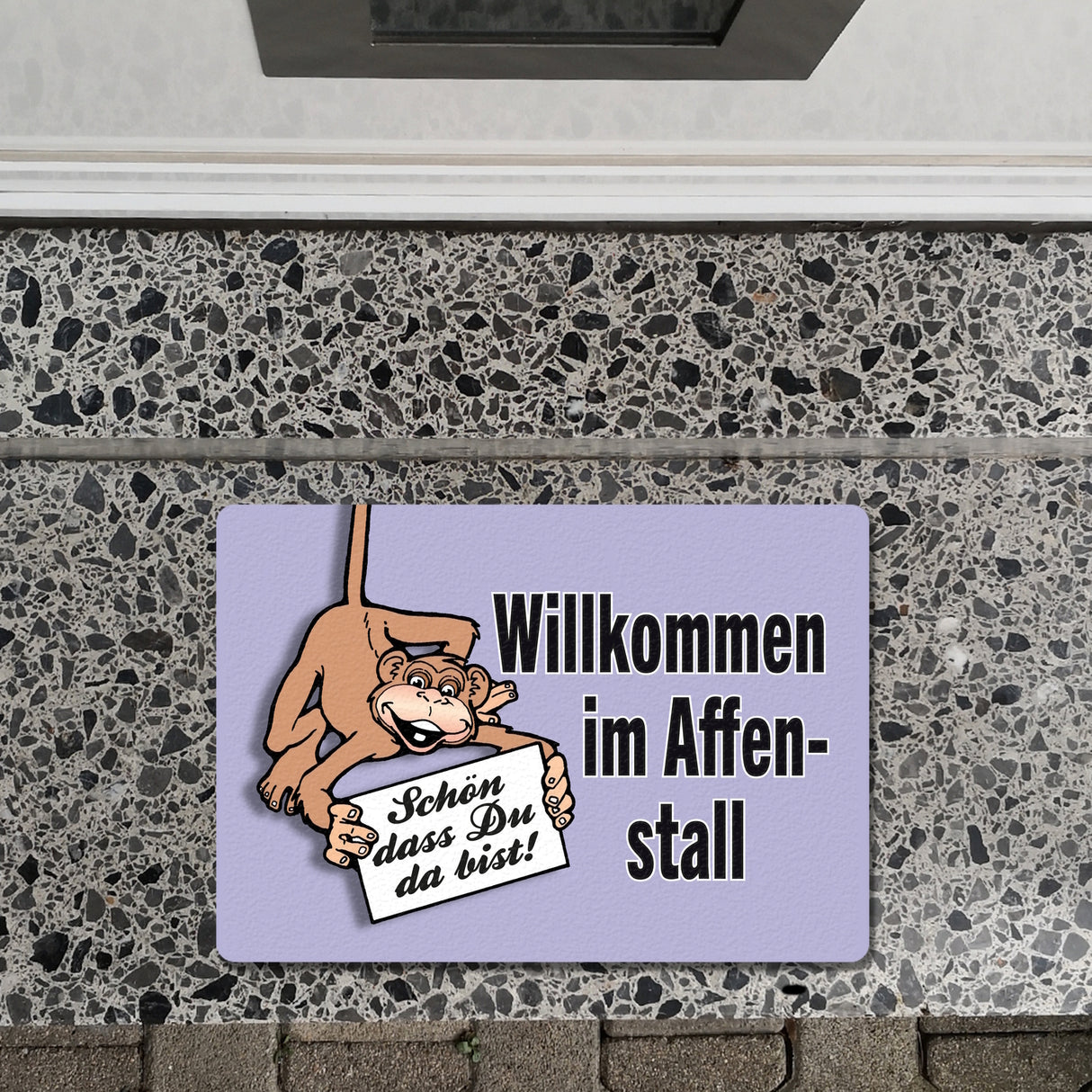 Affe Fußmatte in 35x50 cm ohne Rand mit Spruch Willkommen im Affenstall