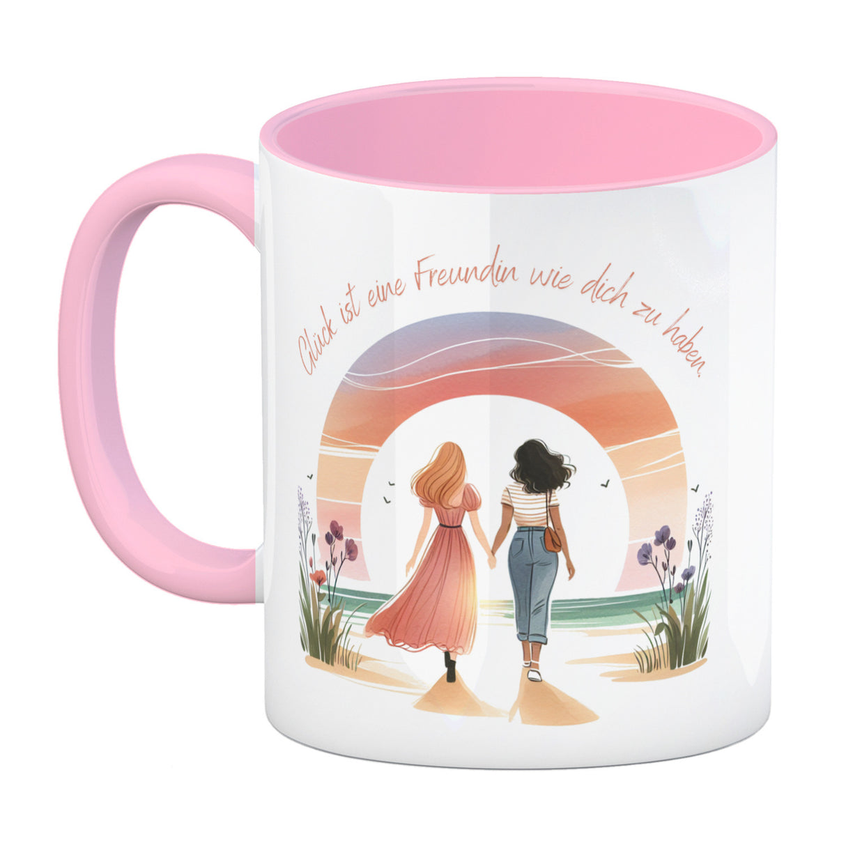 Freundinnen Sonnenuntergang Kaffeebecher mit Spruch Glück ist deine Freundschaft