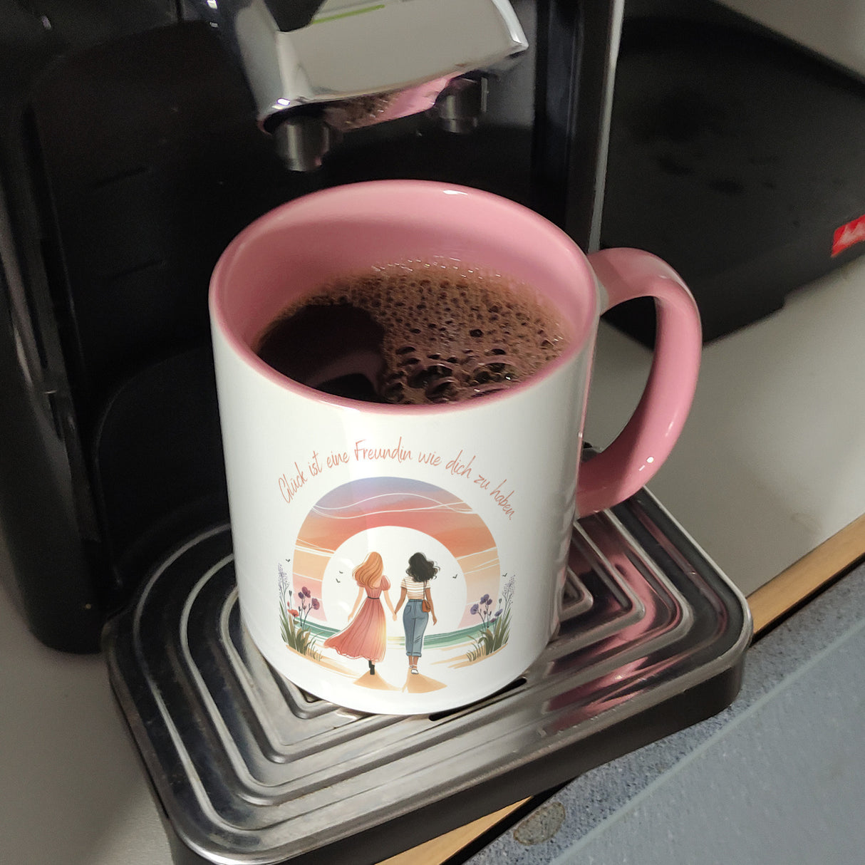 Freundinnen Sonnenuntergang Kaffeebecher mit Spruch Glück ist deine Freundschaft