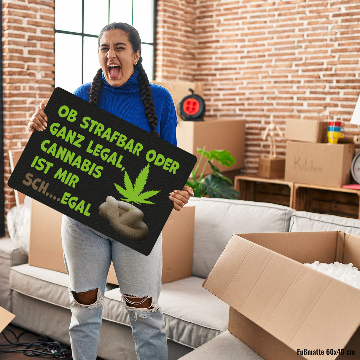 Cannabis-Blatt Fußmatte in 35x50 cm ohne Rand mit Spruch Legal oder nicht Cannabis egal