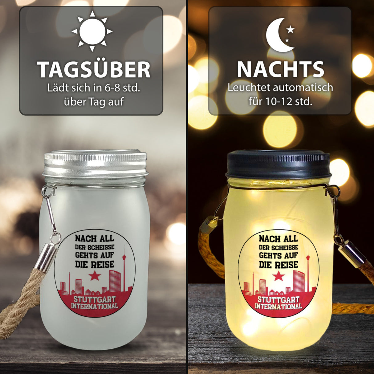 Stuttgart Europapokal Solarlicht mit Spruch Stuttgart International