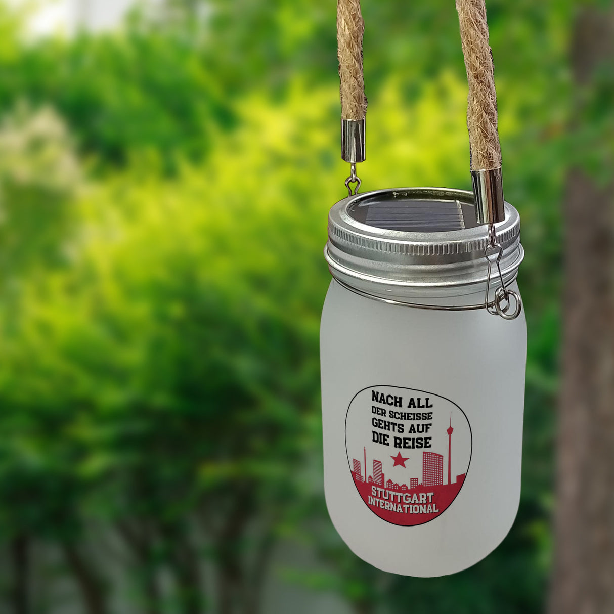 Stuttgart Europapokal Solarlicht mit Spruch Stuttgart International