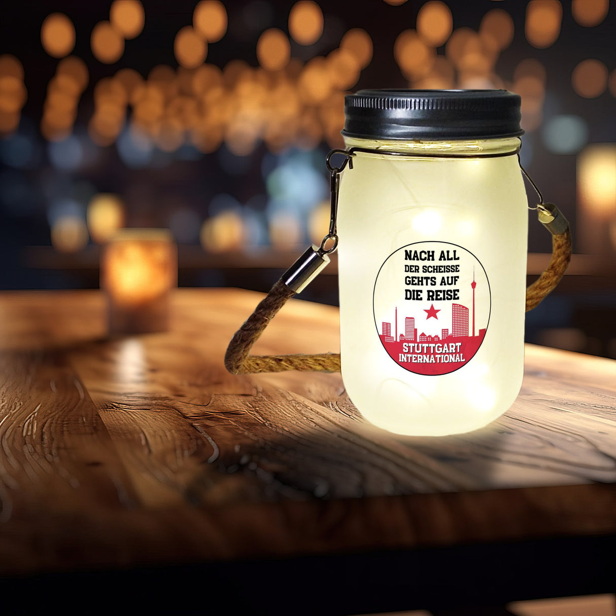 Stuttgart Europapokal Solarlicht mit Spruch Stuttgart International