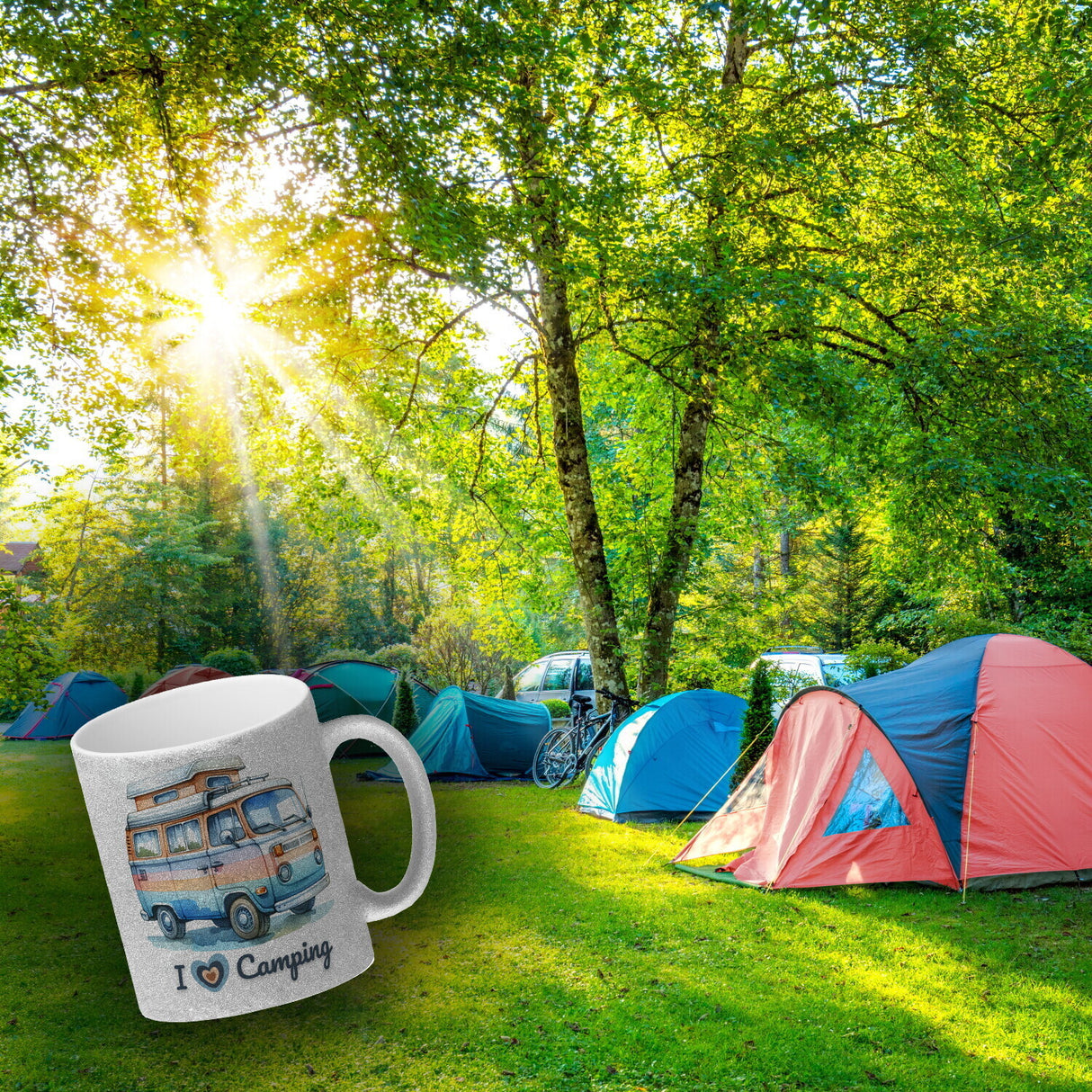 Campervan Kaffeebecher mit Spruch I love Camping