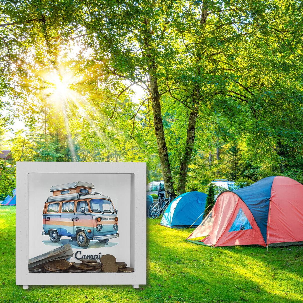 Campervan Spardose mit Spruch I love Camping