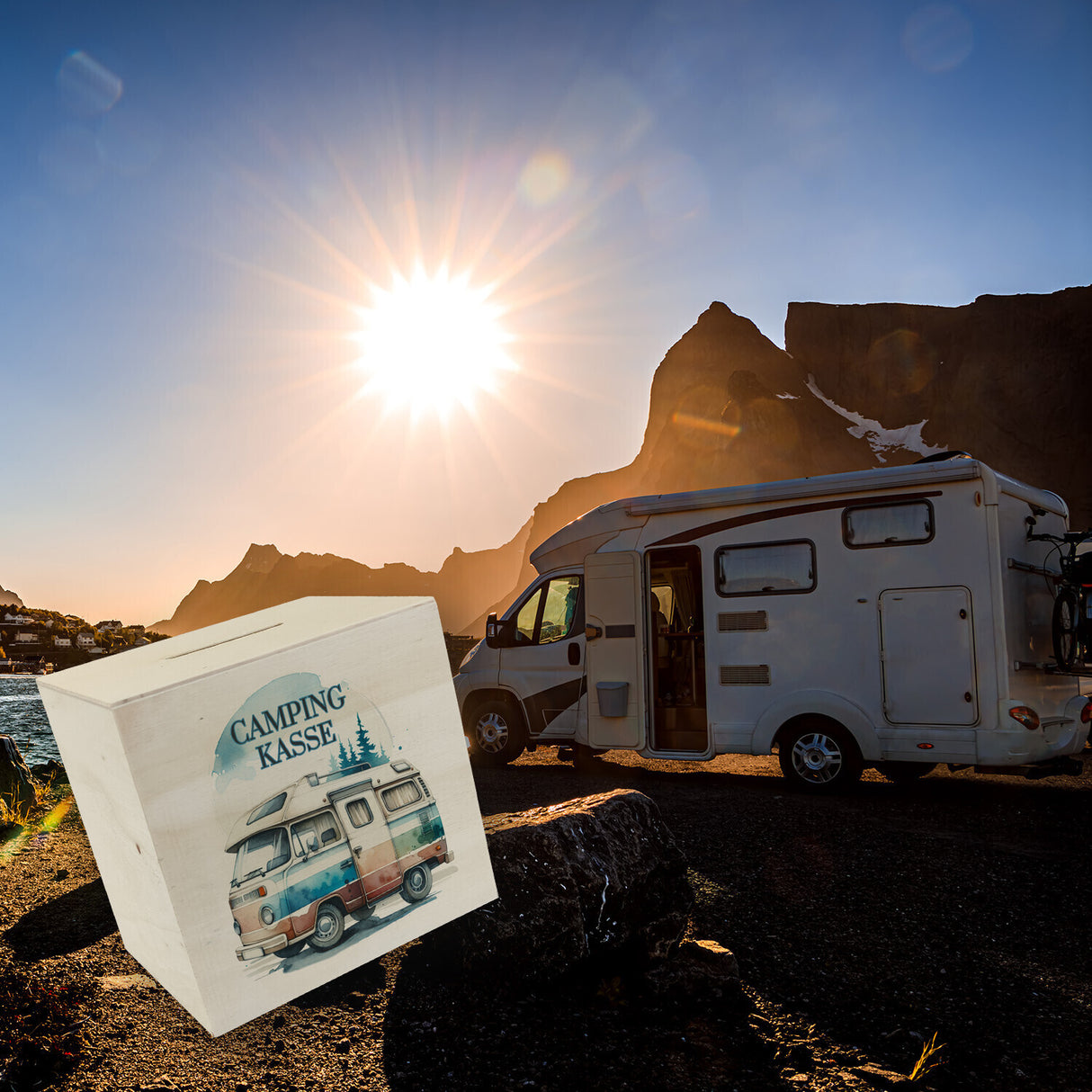 Campingwagen Spardose mit Spruch Campingkasse