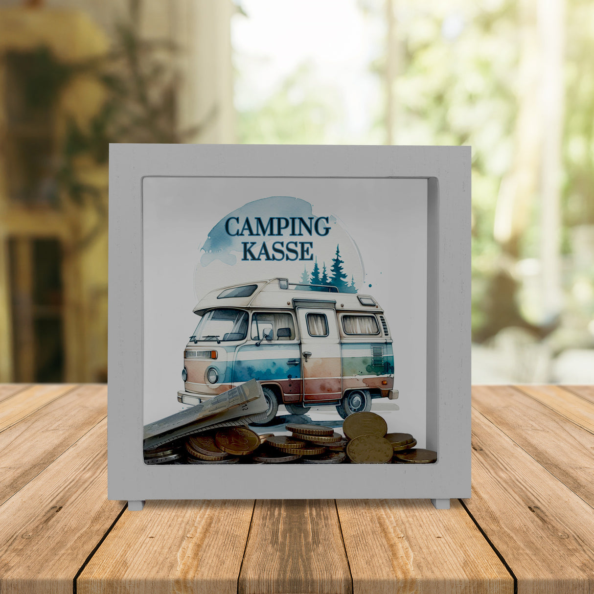 Campingwagen Spardose mit Spruch Campingkasse