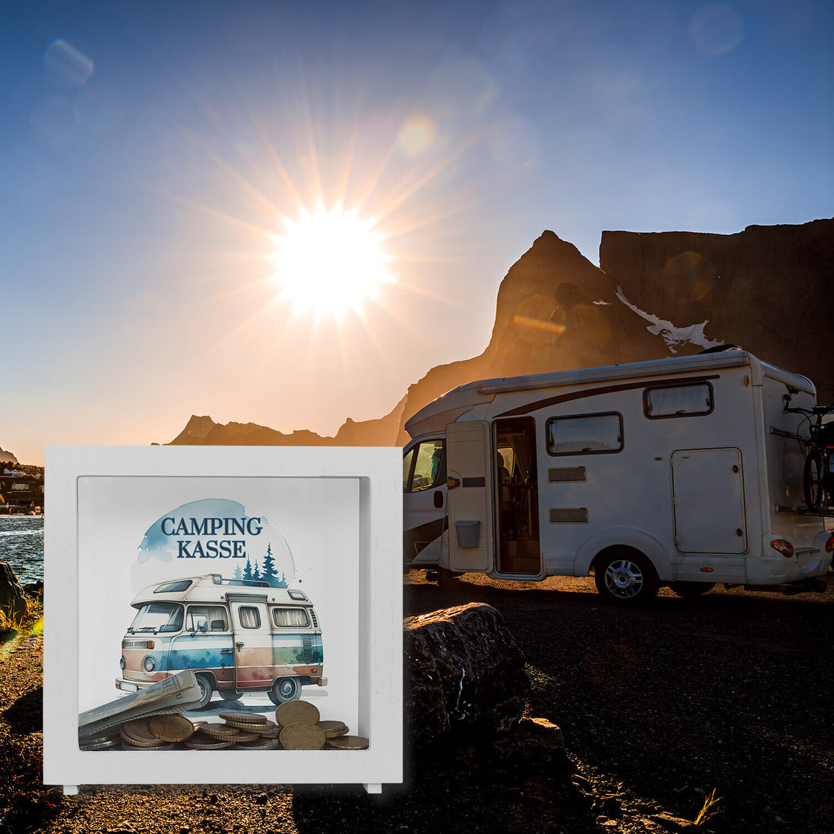 Campingwagen Spardose mit Spruch Campingkasse
