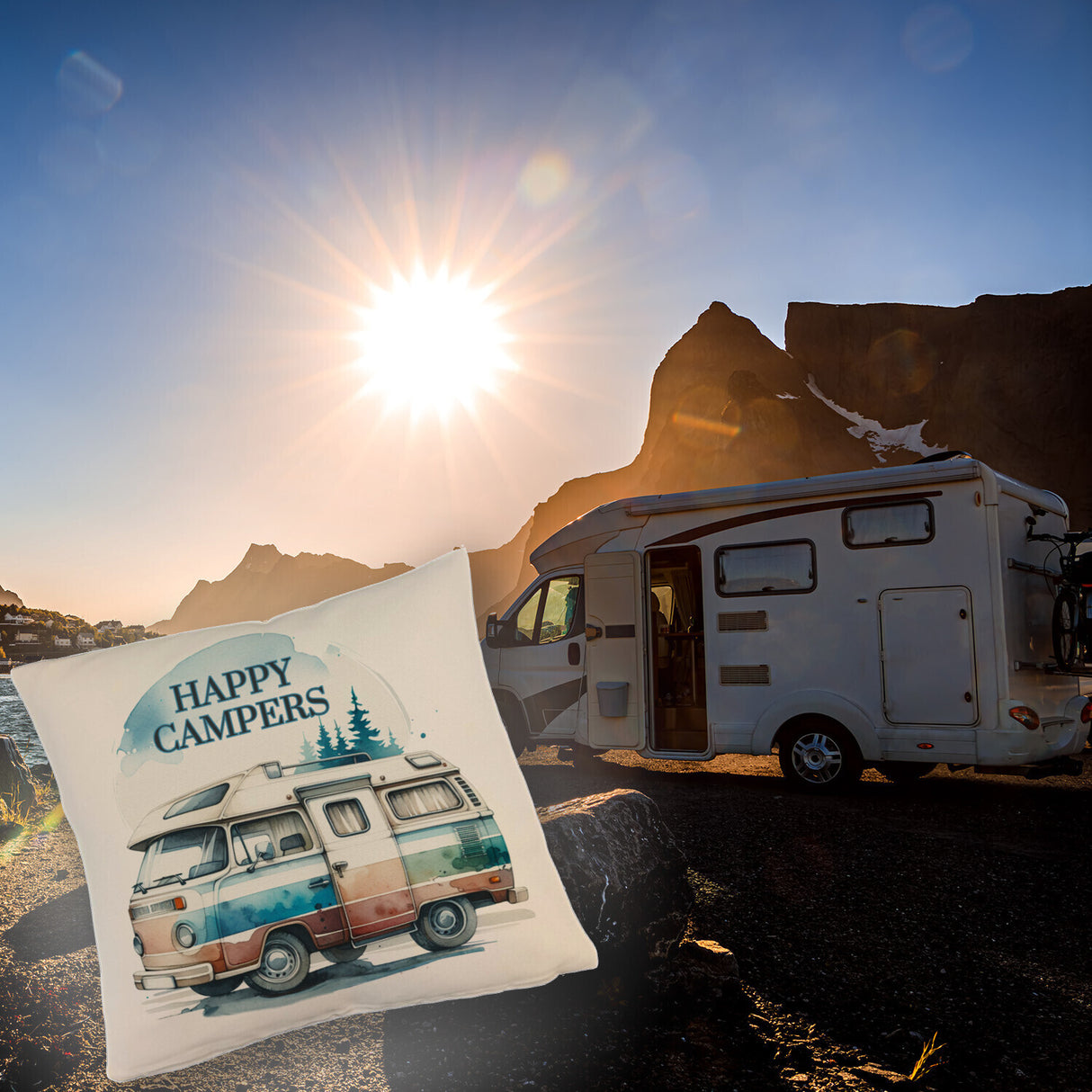 Campingwagen Kissen mit Spruch Happy Campers