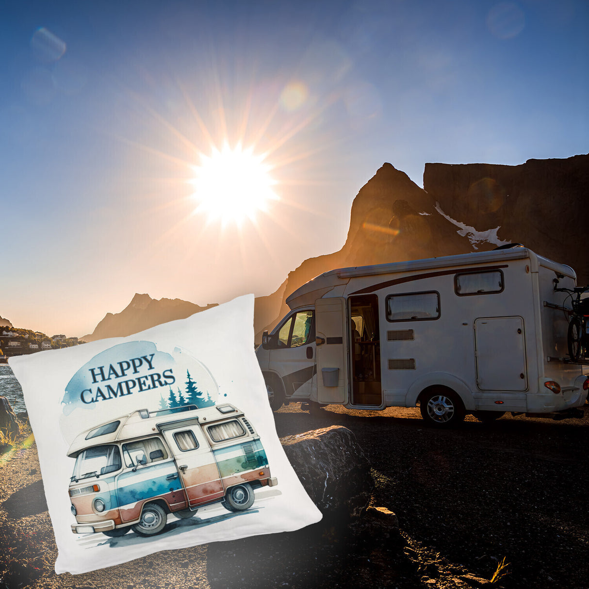 Campingwagen Kissen mit Spruch Happy Campers