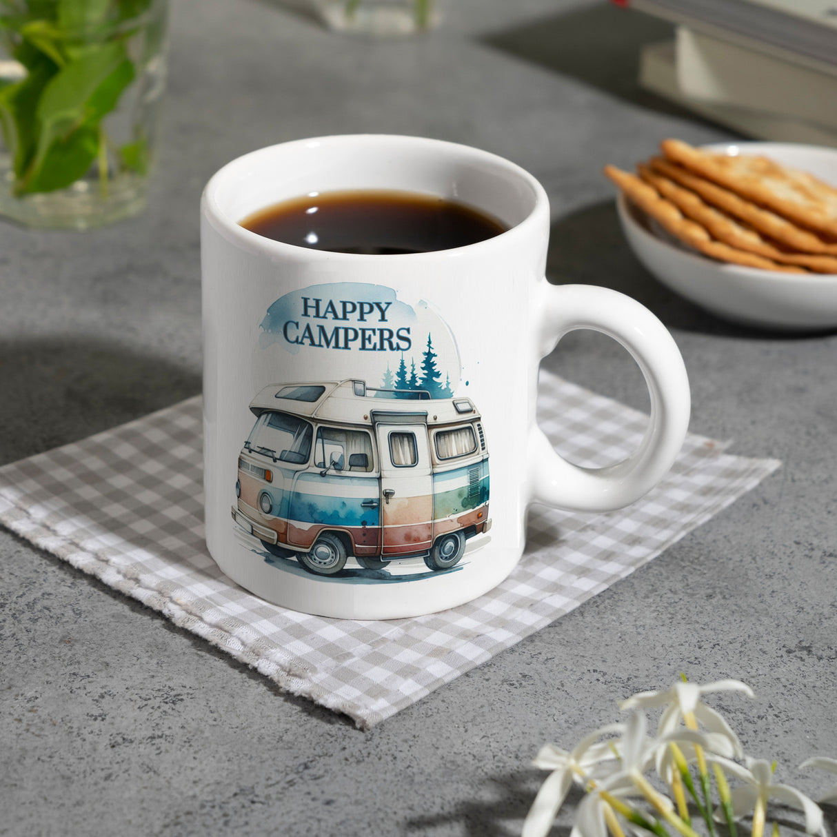 Campingwagen Kaffeebecher mit Spruch Happy Campers
