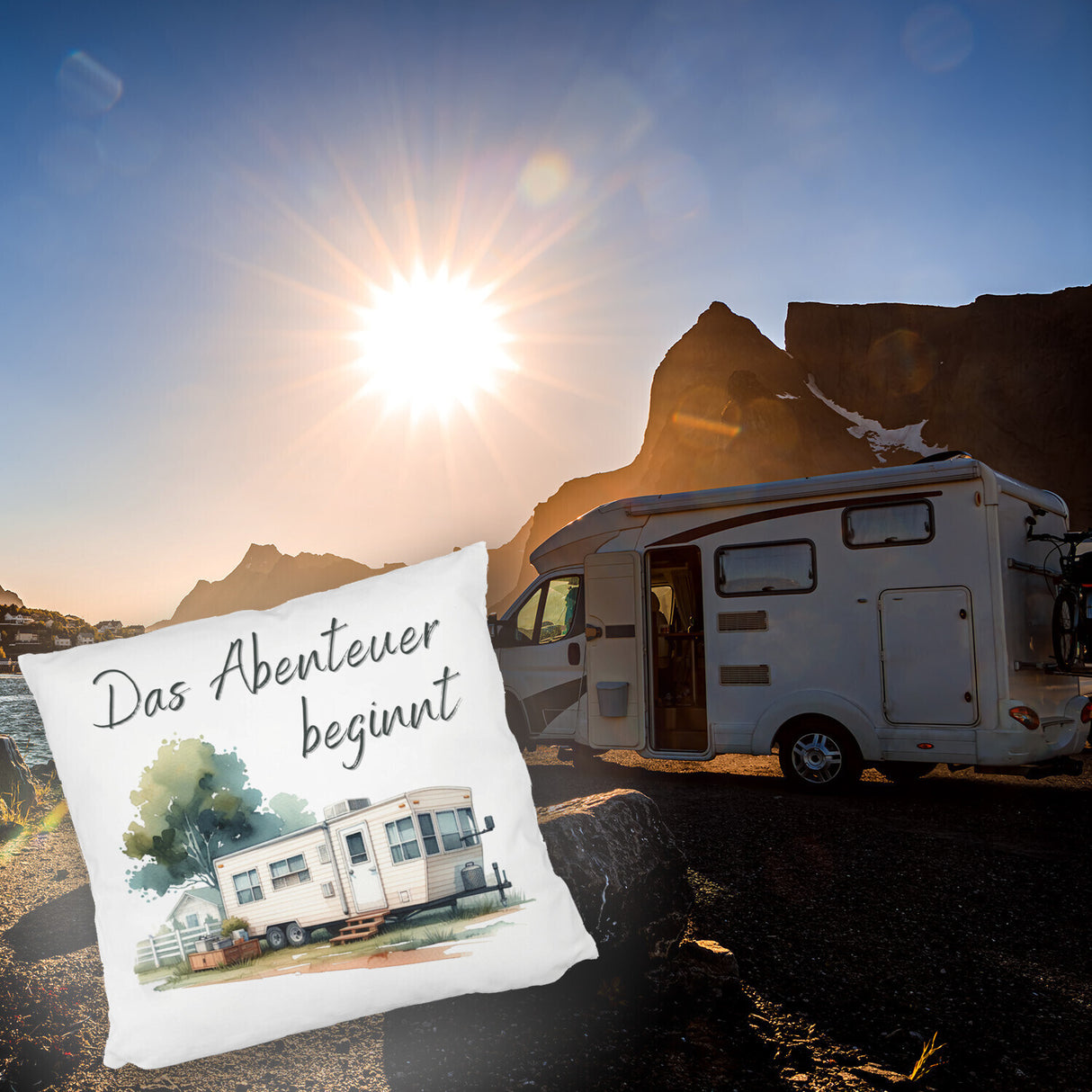 Wohnwagen Kissen mit Spruch Das Abenteuer beginnt