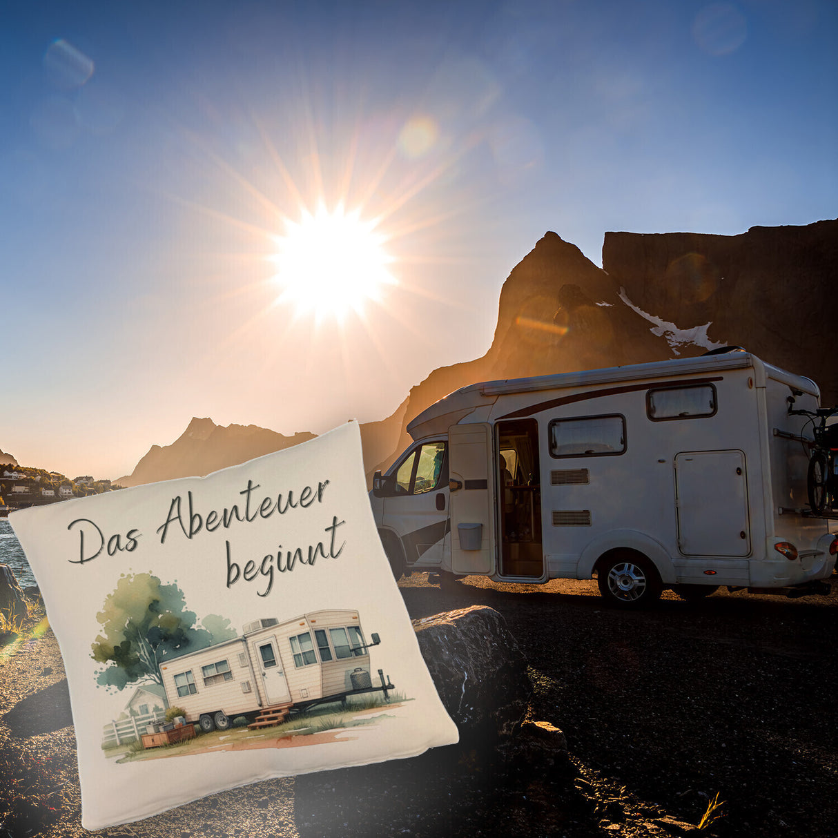 Wohnwagen Kissen mit Spruch Das Abenteuer beginnt