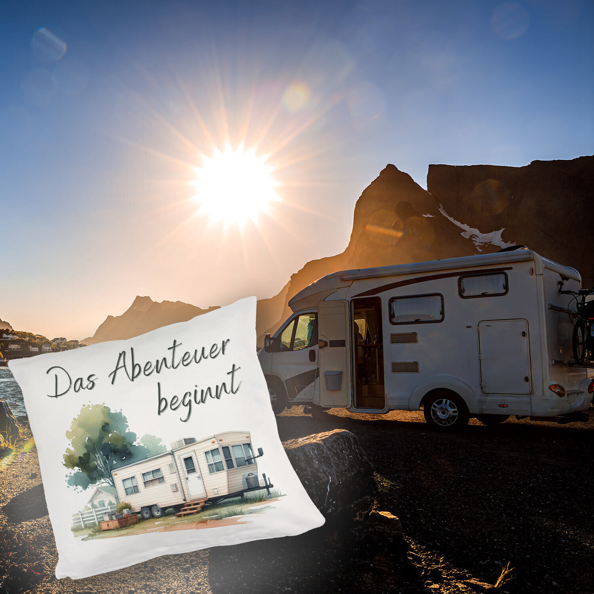 Wohnwagen Kissen mit Spruch Das Abenteuer beginnt