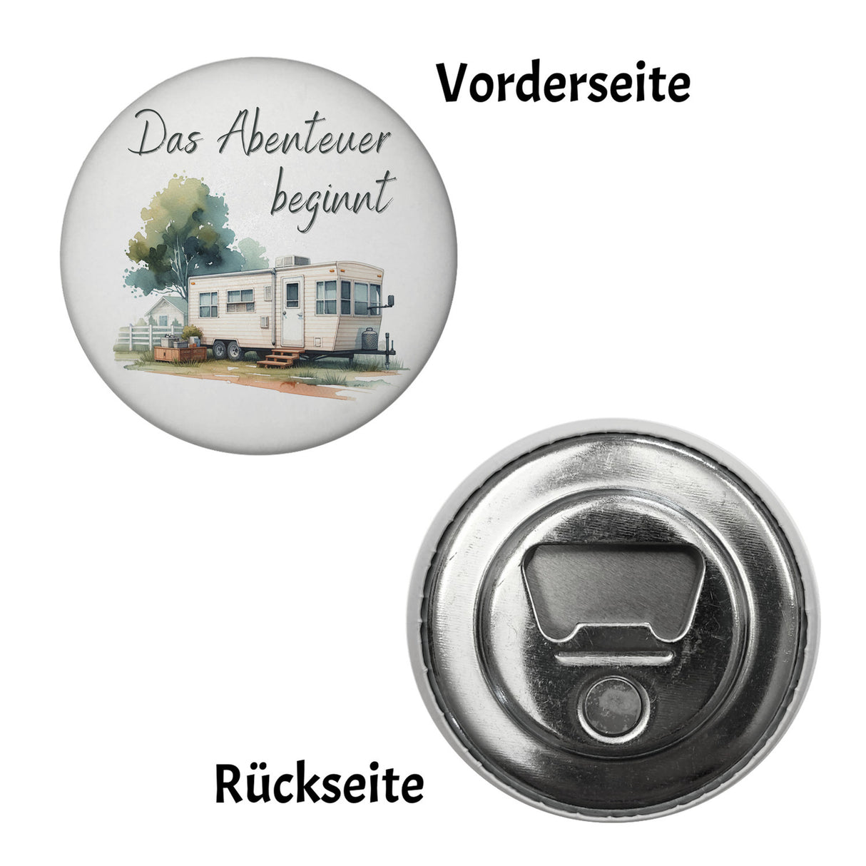 Wohnwagen Magnet rund mit Spruch Das Abenteuer beginnt