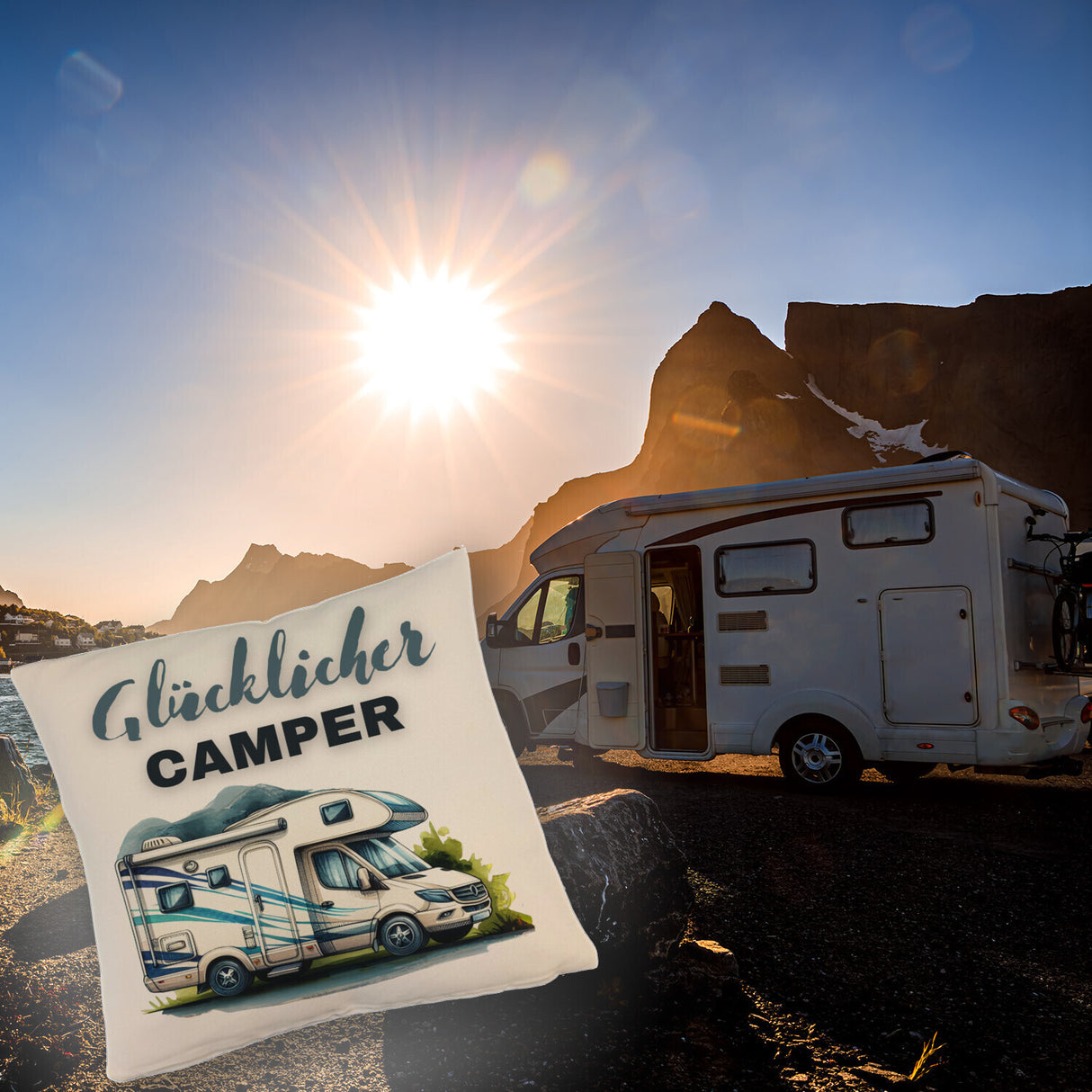 Wohnmobil Kissen mit Spruch Glücklicher Camper