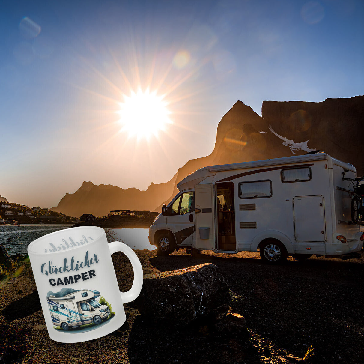 Wohnmobil Kaffeebecher mit Spruch Glücklicher Camper