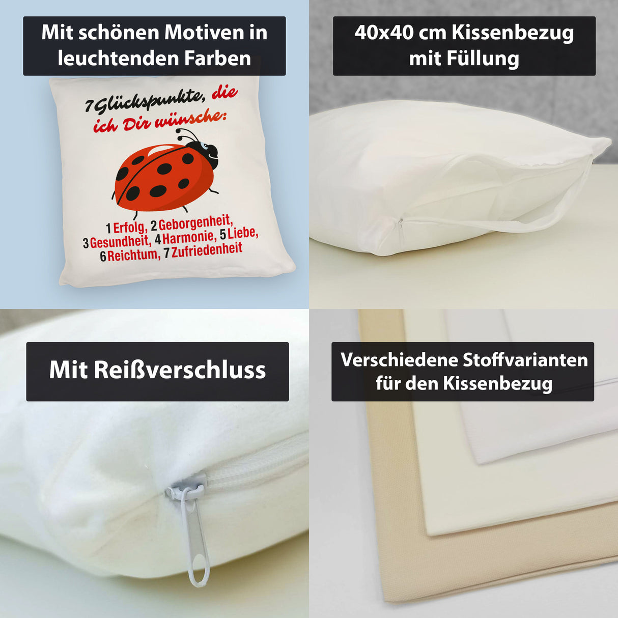 Marienkäfer Kissen mit Spruch Sieben Glückspunkte