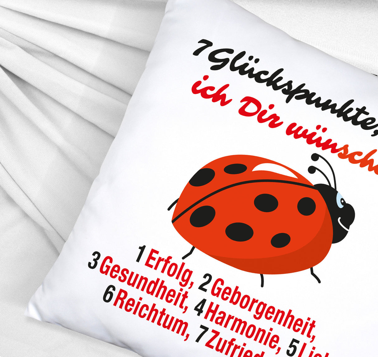 Marienkäfer Kissen mit Spruch Sieben Glückspunkte