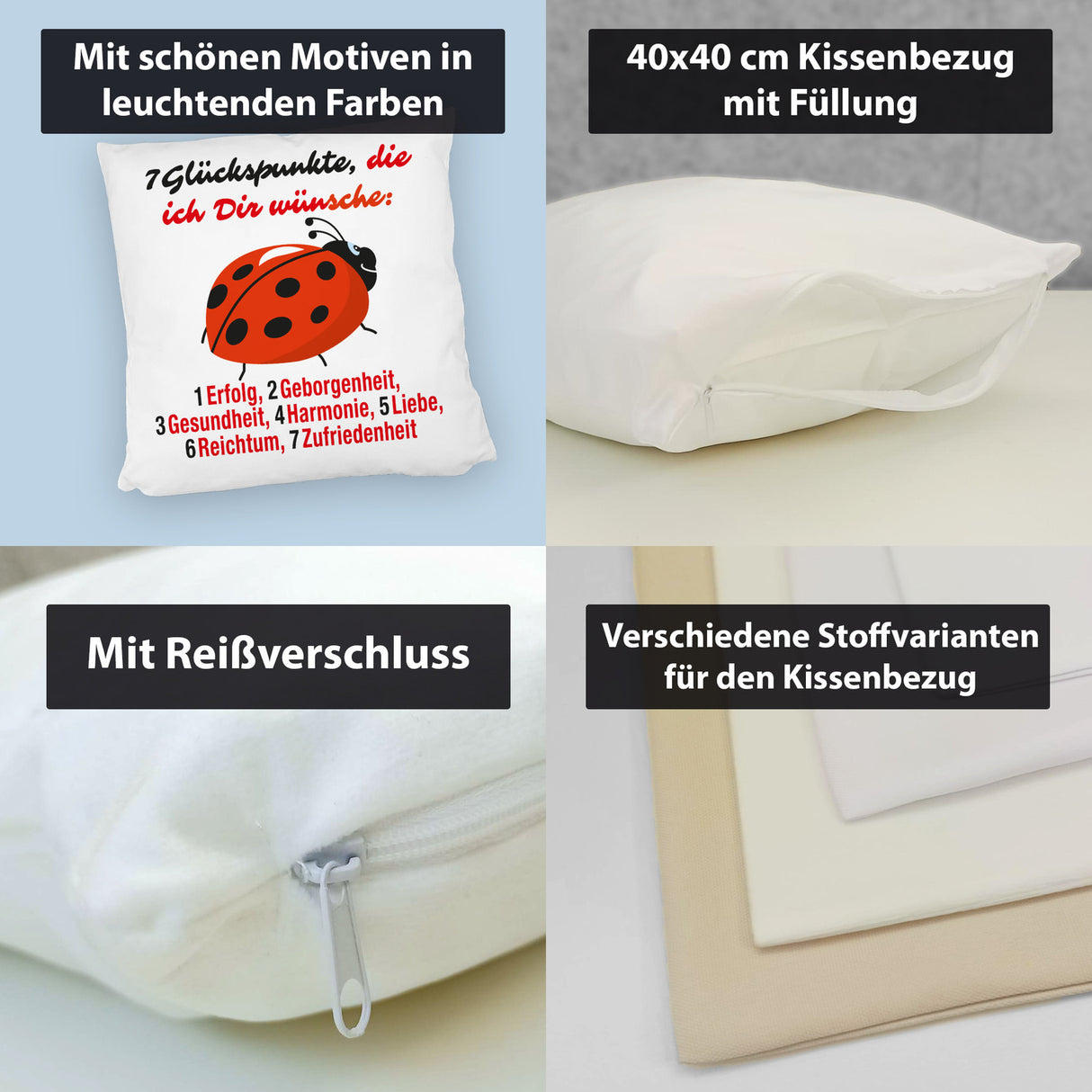 Marienkäfer Kissen mit Spruch Sieben Glückspunkte