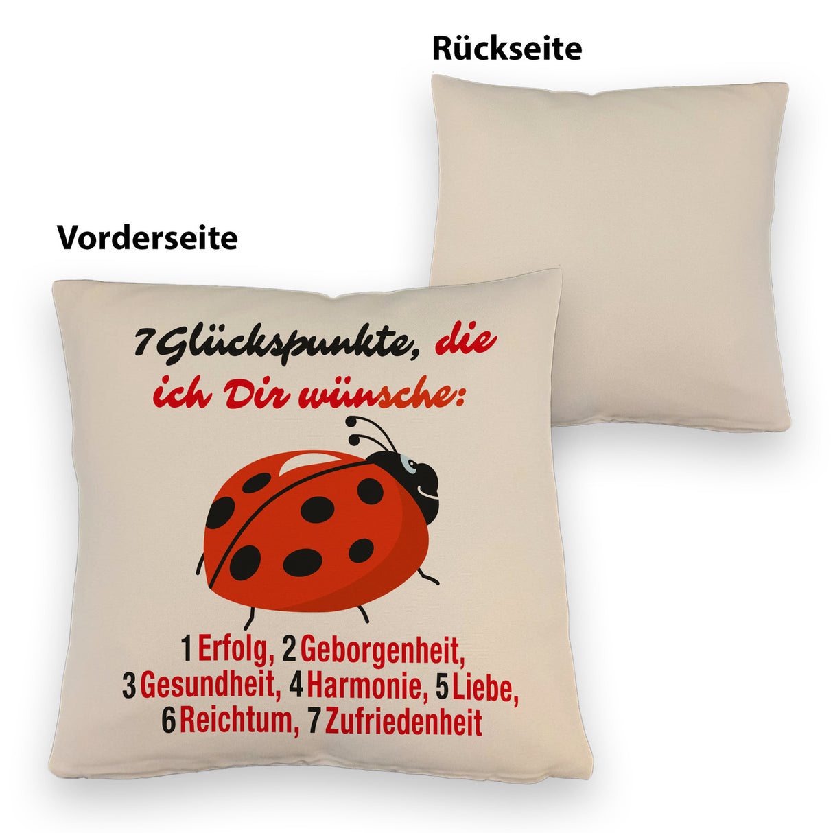 Marienkäfer Kissen mit Spruch Sieben Glückspunkte