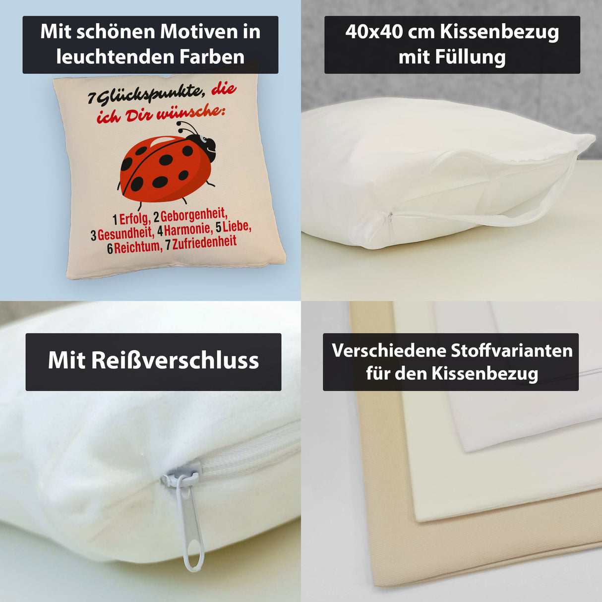 Marienkäfer Kissen mit Spruch Sieben Glückspunkte