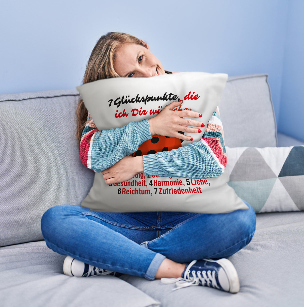 Marienkäfer Kissen mit Spruch Sieben Glückspunkte