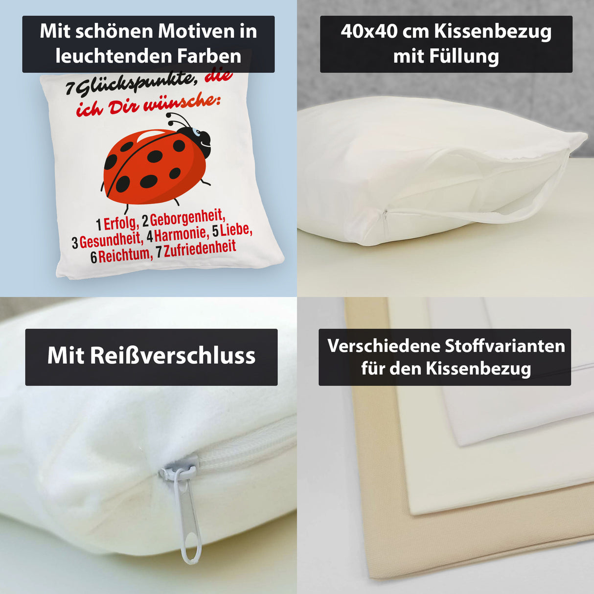 Marienkäfer Kissen mit Spruch Sieben Glückspunkte