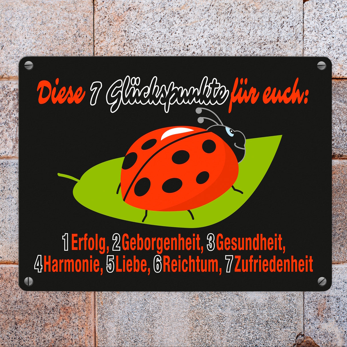 Marienkäfer Metallschild in 15x20 cm mit Spruch Sieben Glückspunkte
