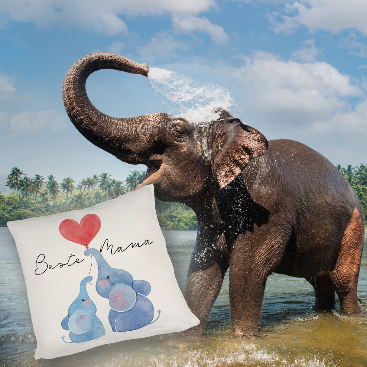 Elefant Mutter und Kind Kissen mit Spruch Beste Mama