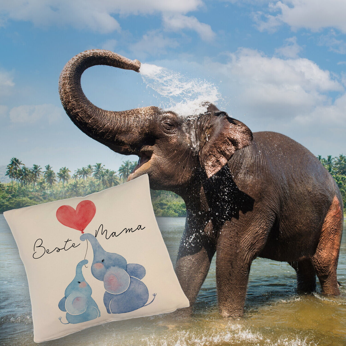 Elefant Mutter und Kind Kissen mit Spruch Beste Mama
