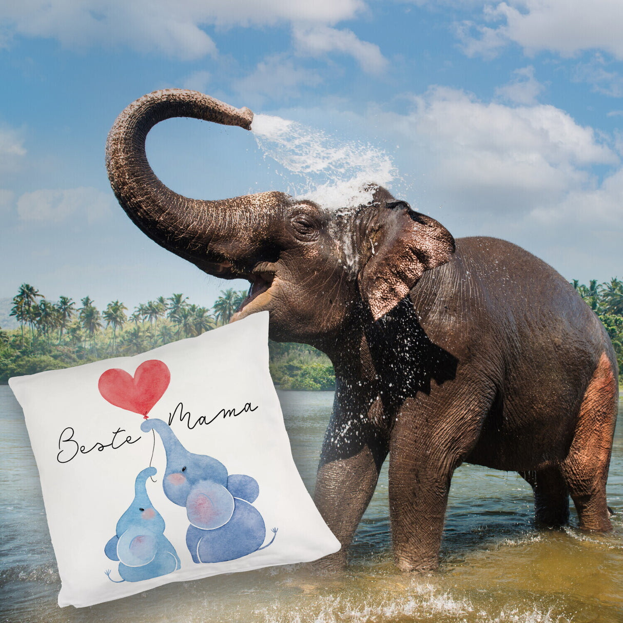 Elefant Mutter und Kind Kissen mit Spruch Beste Mama