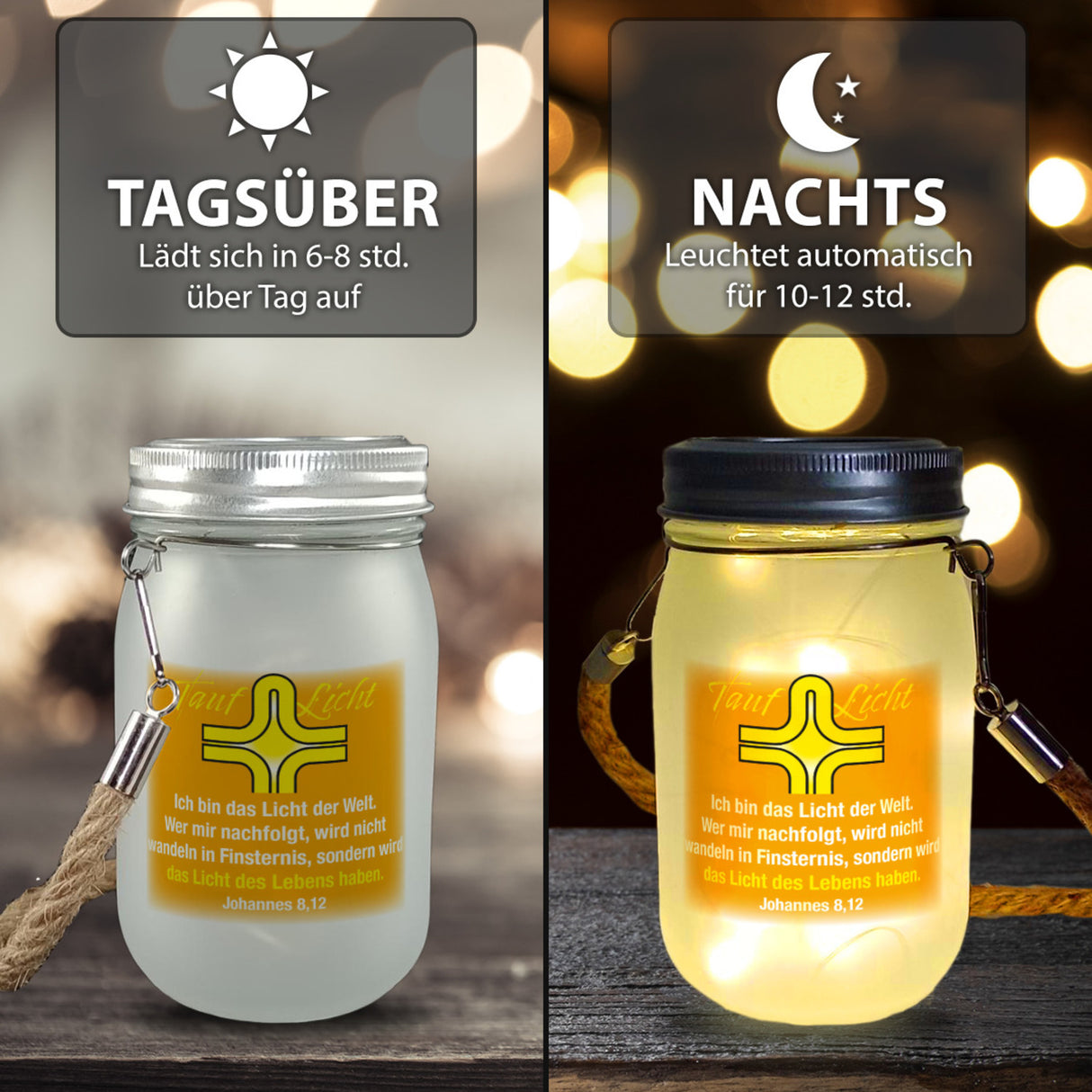Tauflicht Solarlicht mit Spruch aus der Bibel Johannes 8,12