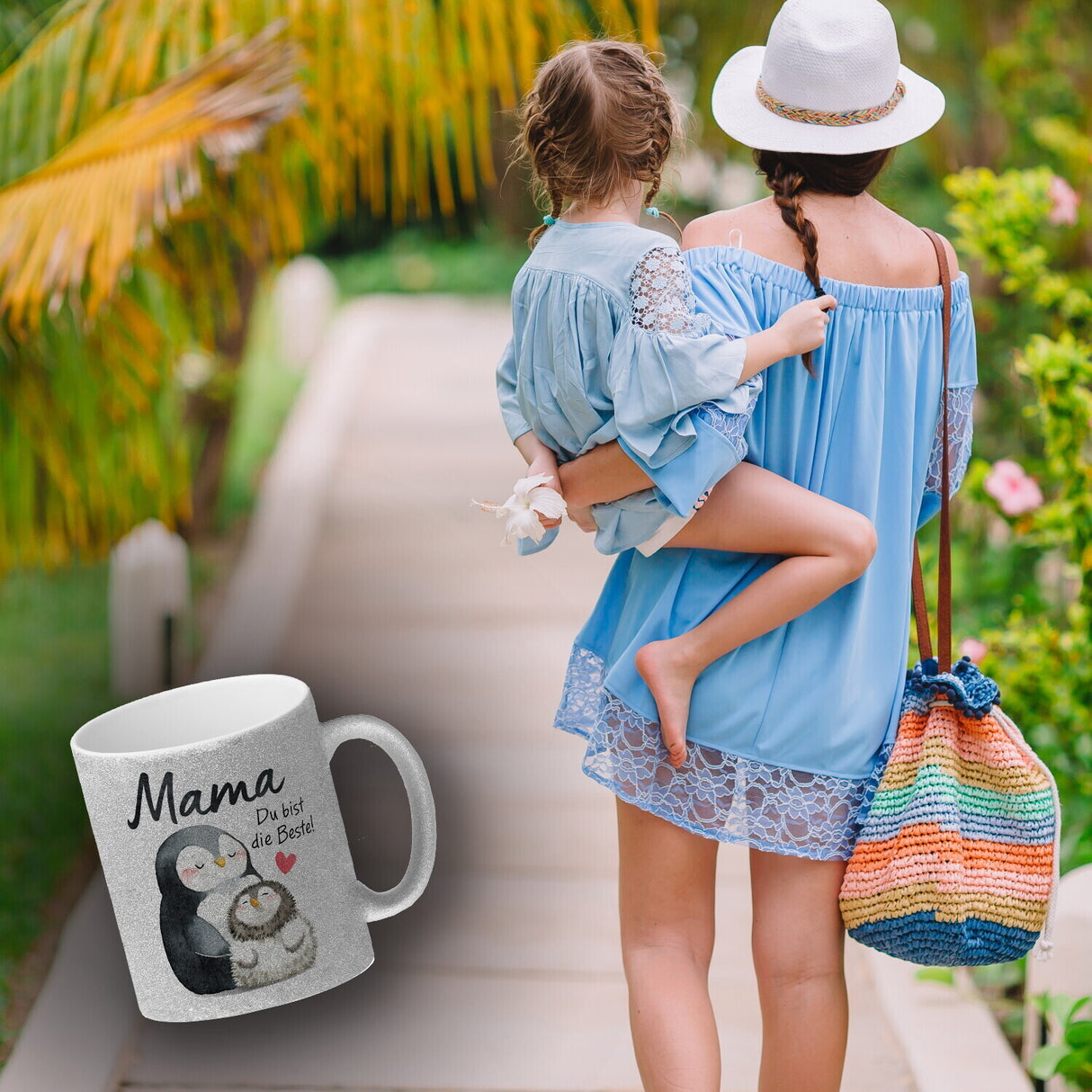 Pinguin Mutter und Kind Kaffeebecher mit Spruch Mama du bist die Beste