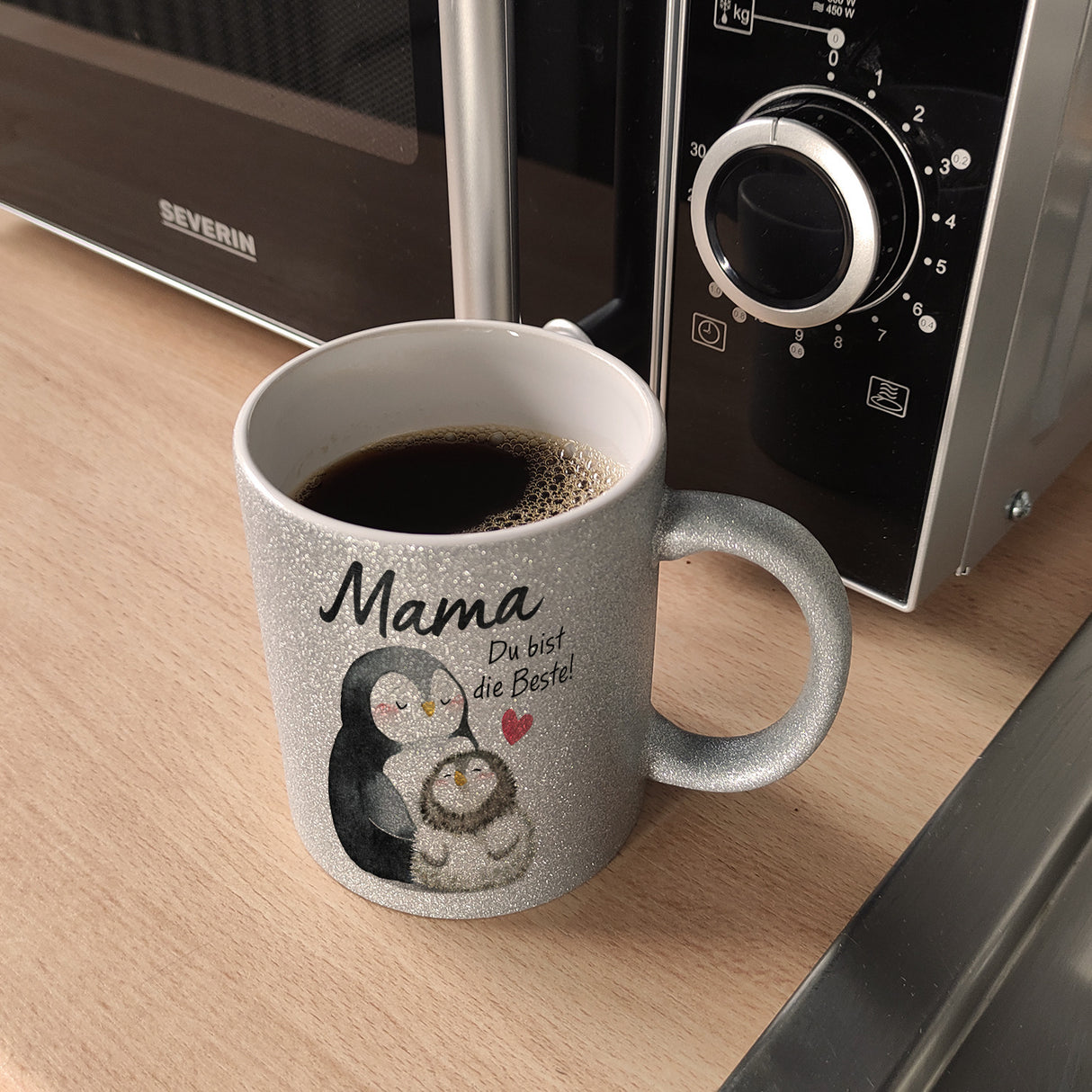 Pinguin Mutter und Kind Kaffeebecher mit Spruch Mama du bist die Beste