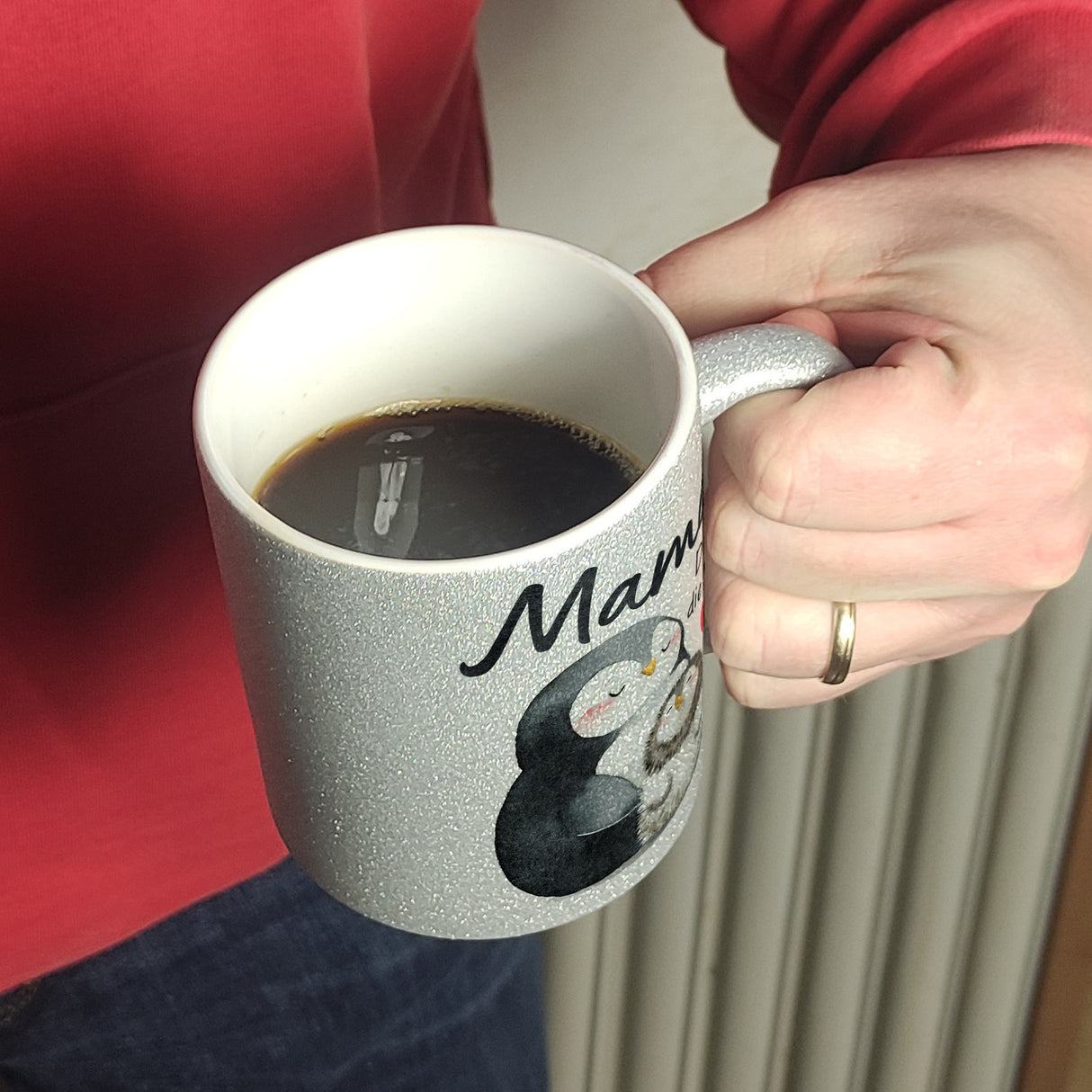 Pinguin Mutter und Kind Kaffeebecher mit Spruch Mama du bist die Beste