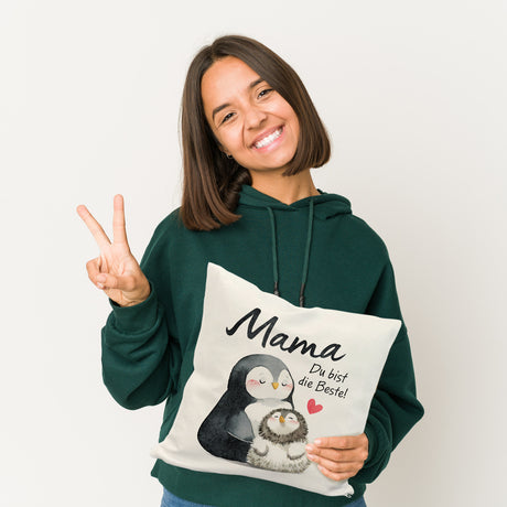 Pinguin Mutter und Kind Kissen mit Spruch Mama du bist die Beste