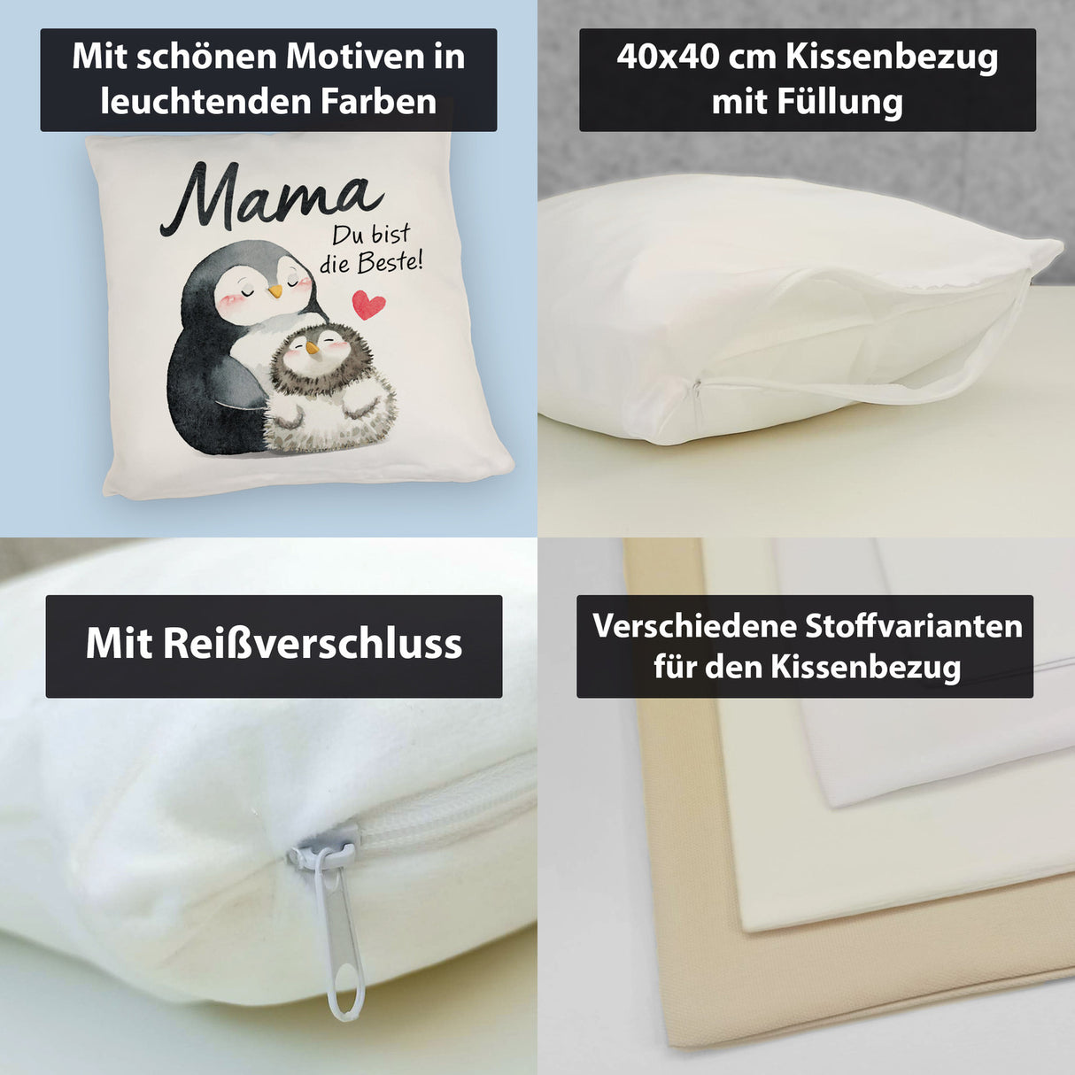 Pinguin Mutter und Kind Kissen mit Spruch Mama du bist die Beste