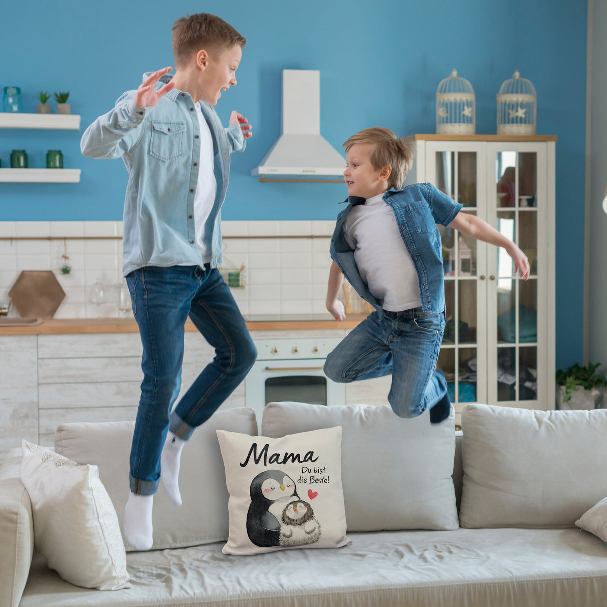 Pinguin Mutter und Kind Kissen mit Spruch Mama du bist die Beste