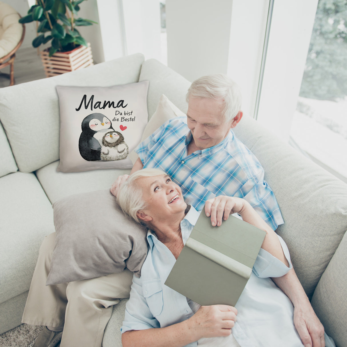 Pinguin Mutter und Kind Kissen mit Spruch Mama du bist die Beste