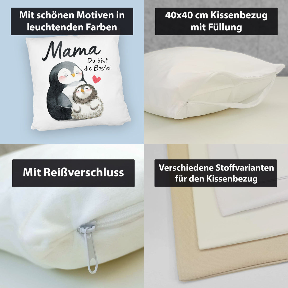 Pinguin Mutter und Kind Kissen mit Spruch Mama du bist die Beste
