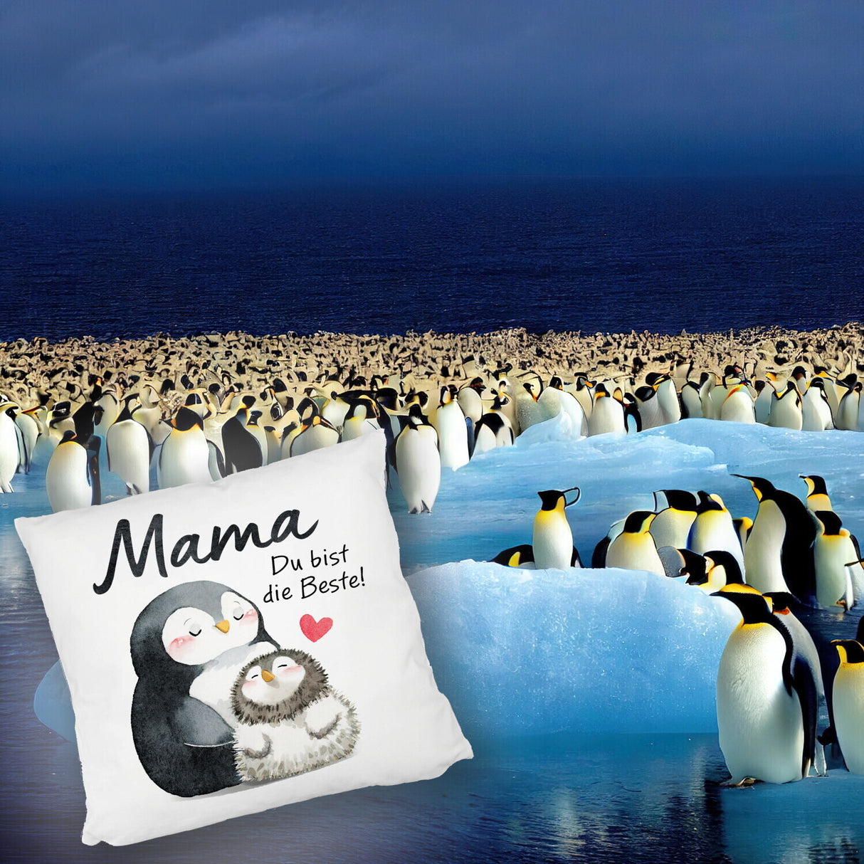 Pinguin Mutter und Kind Kissen mit Spruch Mama du bist die Beste