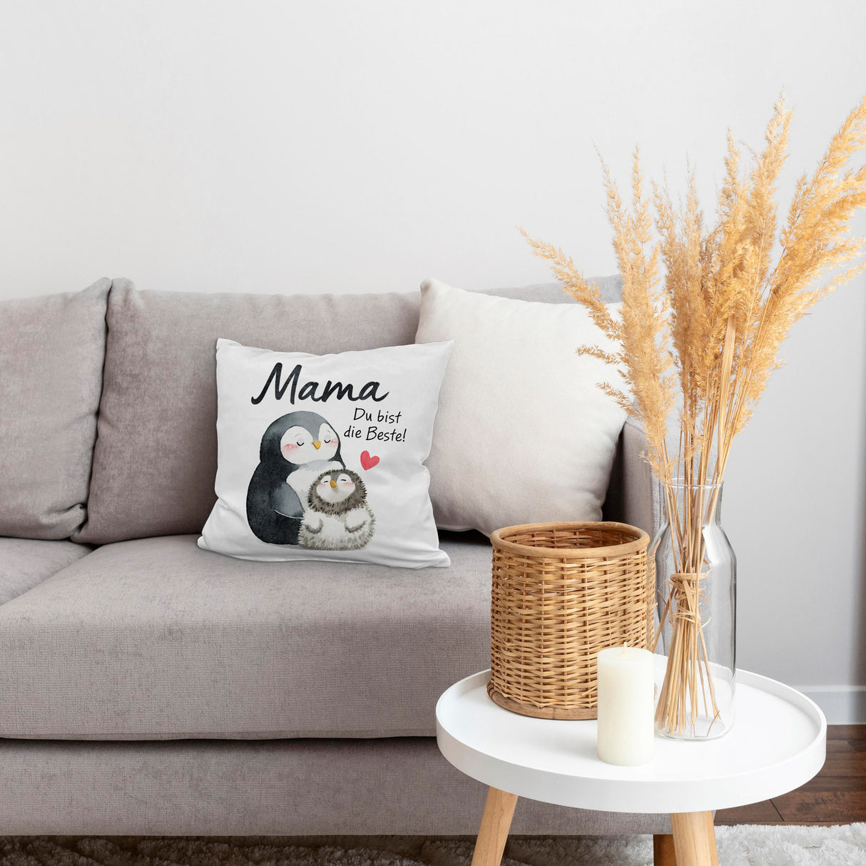 Pinguin Mutter und Kind Kissen mit Spruch Mama du bist die Beste