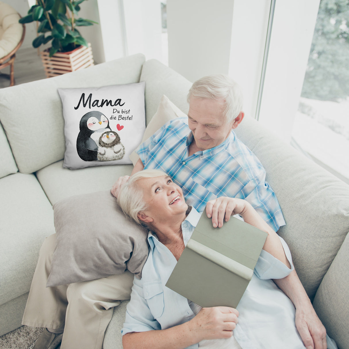 Pinguin Mutter und Kind Kissen mit Spruch Mama du bist die Beste